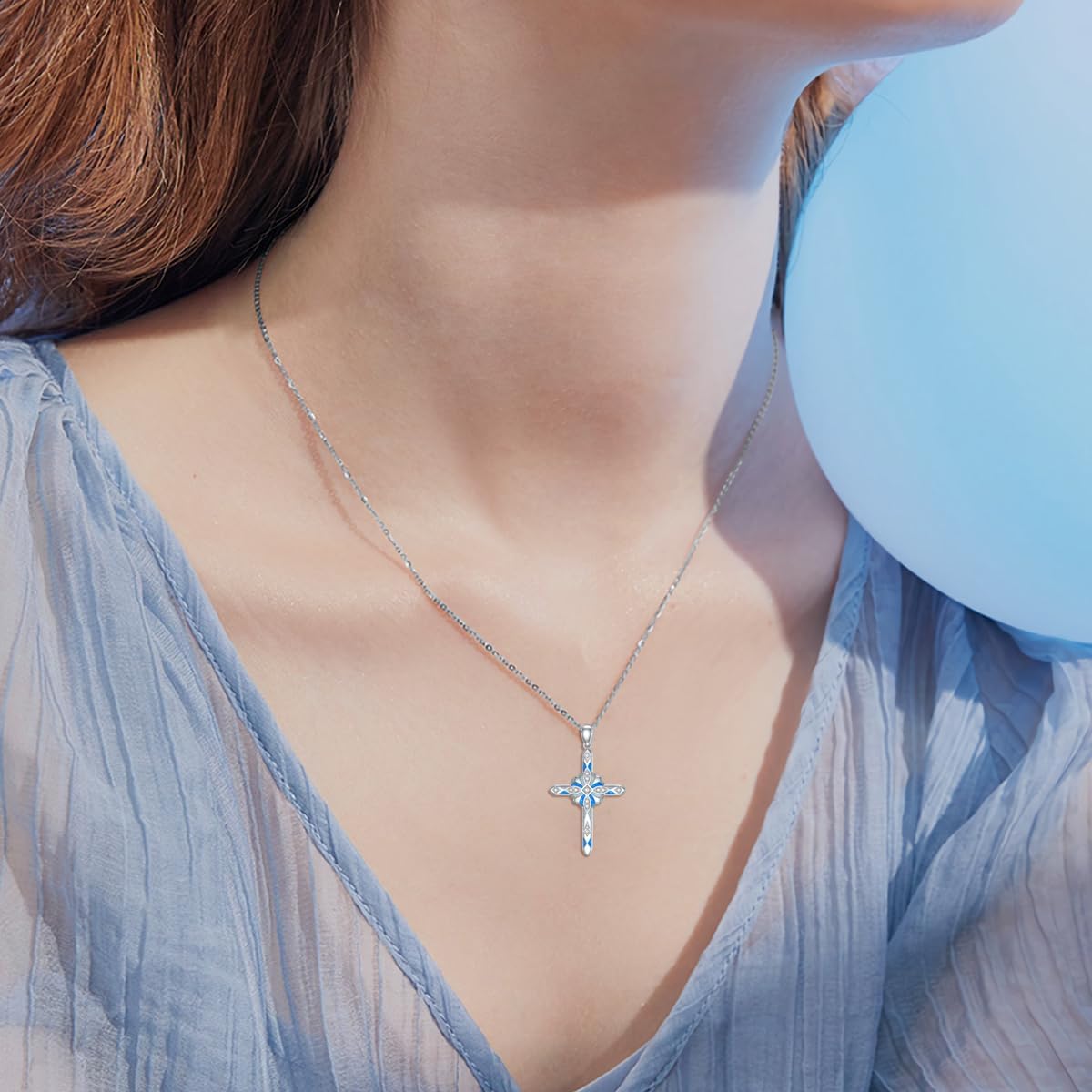 wholesale 925 Sterling Silver Blue Opal Inlay Cubic Zirconia Cross Pendant Necklace for Women-0-3