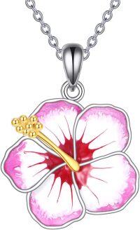 wholesale 925 Sterling Silver Pink and White Hibiscus Birth Flower Pendant Necklace-Hibiscus