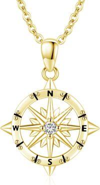 wholesale Gold 925 Sterling Silver Nautical Compass Anchor Necklace with Inspirational Pendant -01-Compass （Gold Plated）