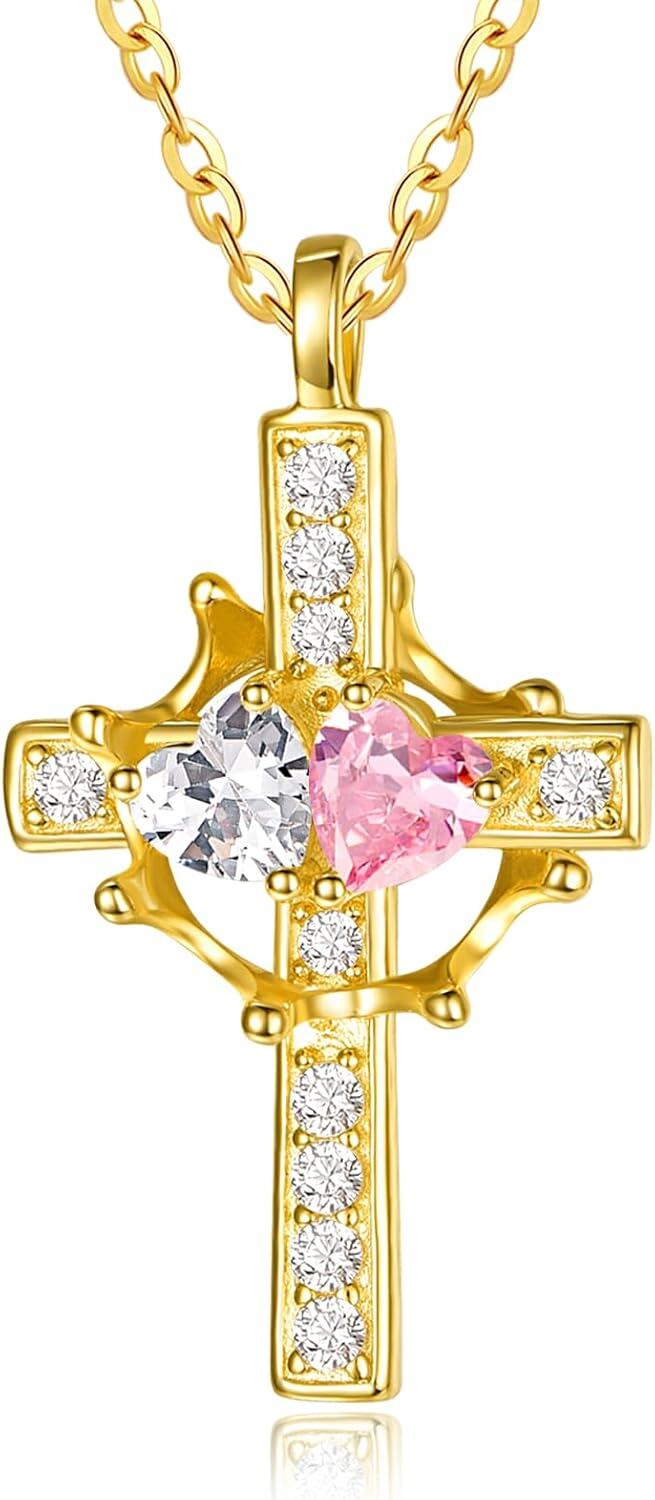 Sterling Silver Birthstones Gold Cross Necklace for Women -04-10-Apr-Oct-04-10-Apr-Oct