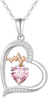 wholesale Sterling Silver Gemstone Love Heart Birthstone Necklace with Heartbeat Pendant for Women Gift for Mother Wife Girlfriend-10-Oct-Tourmaline