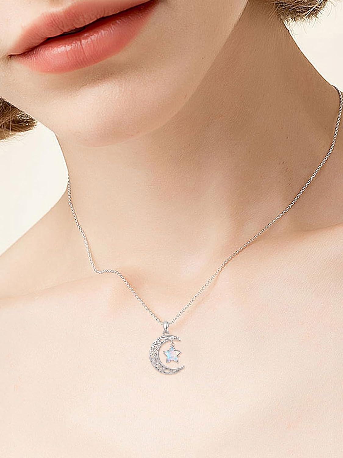Sterling Silver Moon Star Necklace Celestial Pendant for Women-0-3
