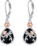 wholesale 925 Sterling Silver Lotus Flower Dragonfly Drop Earrings with Black Onyx and Rose Gold Accents-0-0