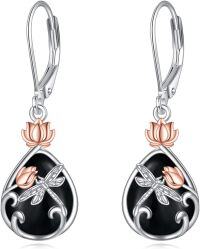 wholesale 925 Sterling Silver Lotus Flower Dragonfly Drop Earrings with Black Onyx and Rose Gold Accents-09-Black Onyx Dragonfly Earrings