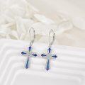 wholesale 925 Sterling Silver Blue Crystal Cross Dangle Drop Leverback Earrings Religious Jewelry for Women Girls 3cm Length-0-2