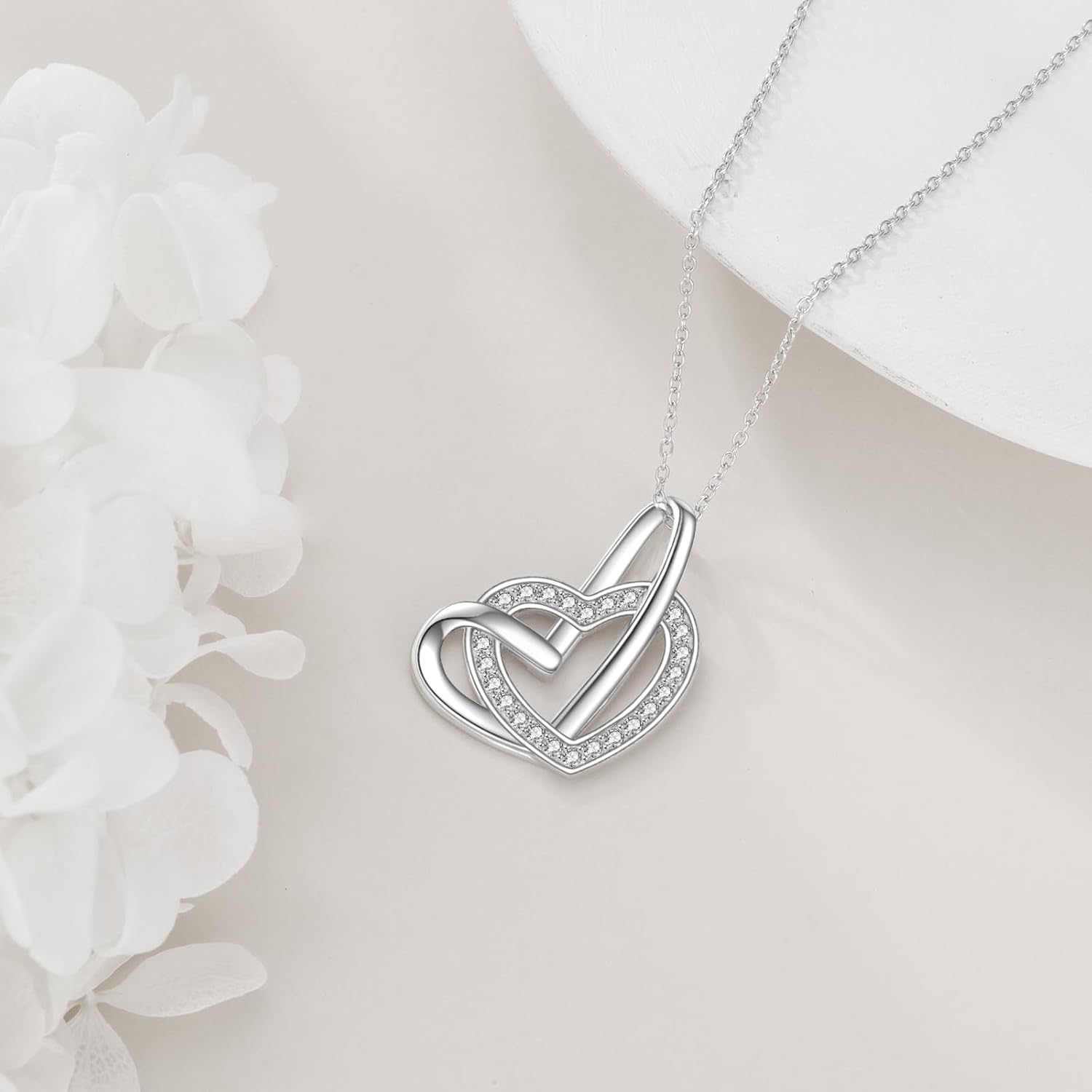 wholesale 925 Sterling Silver Infinity Heart Angel Wings Double Heart Pendant Memorial Necklace with Cubic Zirconia Stones 45cm Chain Length-0-3