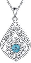 wholesale 925 Sterling Silver Teardrop Turquoise Flower Filigree Pendant Necklace for Women Girls-0-0