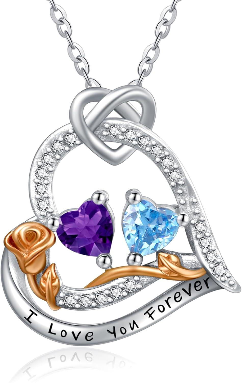  Sterling Silver 2 Birthstones Rose Heart Necklace for Women -02-12-Feb-Dec