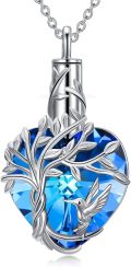 wholesale TOUPOP Hummingbird Urn Necklace For Ashes 925 Sterling Silver Heart Blue Crystal Cremation Jewelry For Ashes Tree Of Life Memorial Pendant Keepsake Jewelry Gifts For Women -0-0