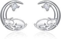 wholesale 925 Sterling Silver Fox on the Moon Stud Earrings with Cubic Zirconia for Women-Cat
