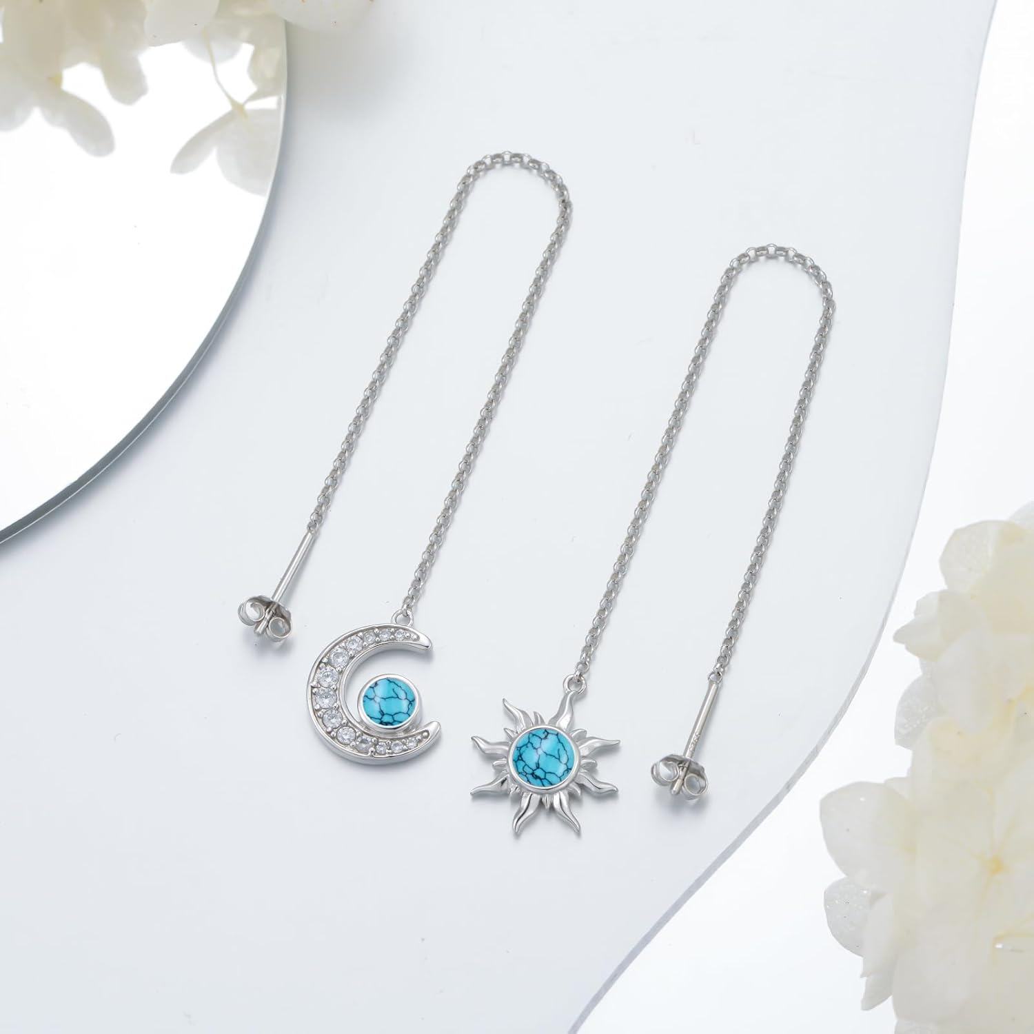 925 Sterling Silver Turquoise Sun & Moon Threader Dangle Earrings-0-2