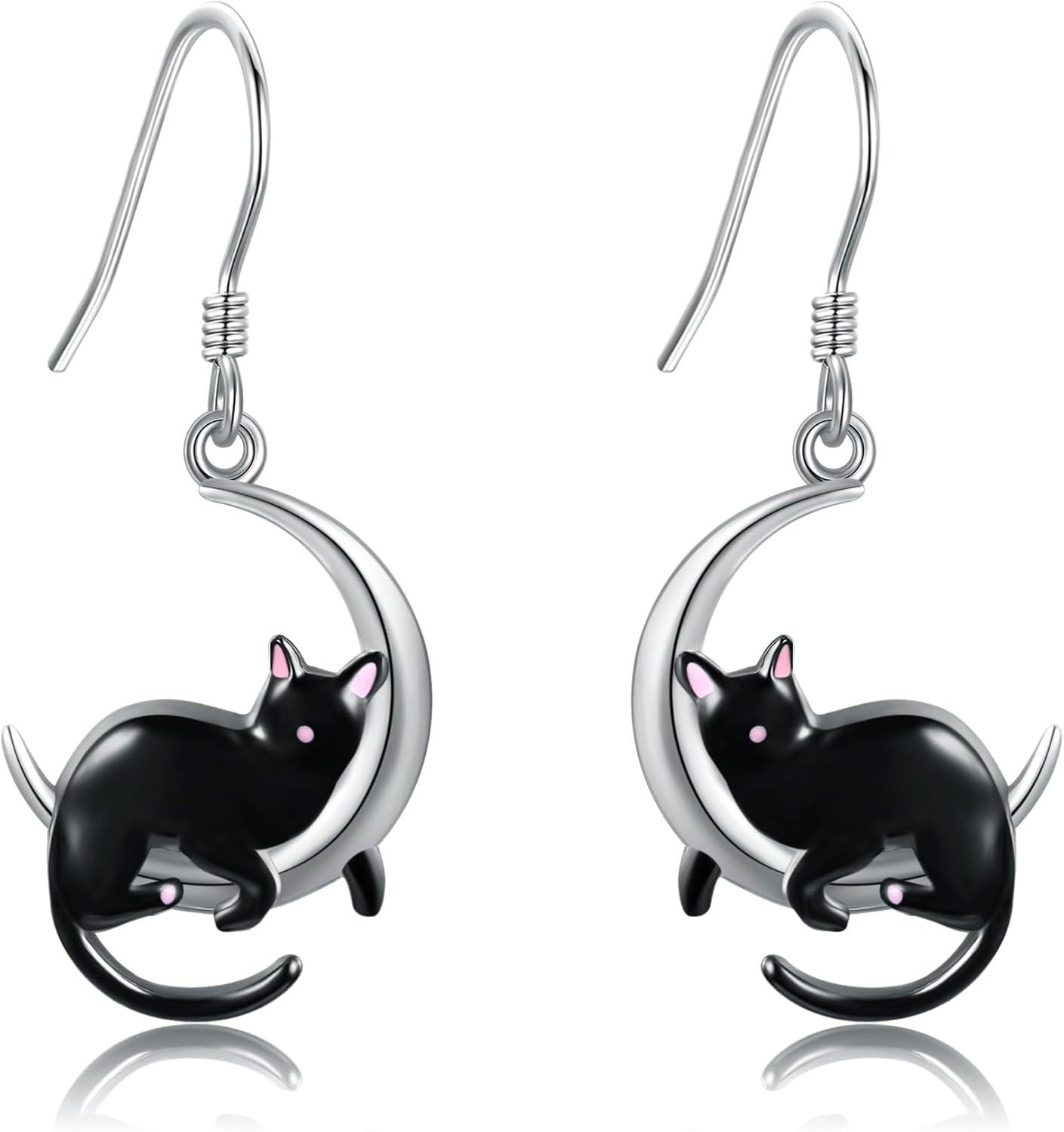Sterling Silver Animal Earrings Horse Bee Llama Owl Jellyfish Parrot Bunny Duck Penguin Flamingo Paw Print Panda Dolphin Hummingbird for Mom-Black Cat-Black Cat