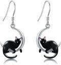 wholesale 925 Sterling Silver Cat Moon Drop Earrings Black Pink  for Women Girls-0-0