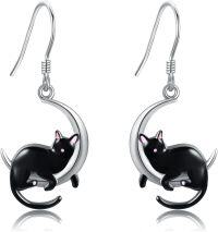 wholesale 925 Sterling Silver Cat Moon Drop Earrings Black Pink  for Women Girls-Black Cat-Black Cat