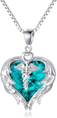 wholesale Sterling Silver Austrian Crystal Caduceus Angel Wing Heart Nurse Necklace-Blue
