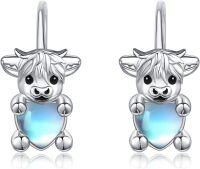 wholesale 925 Sterling Silver Highland Cow Leverback Earrings with Blue Heart Drop Dangle Jewelry for Women-moonstone