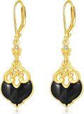 wholesale Gold-Plated 925 Sterling Silver Black Onyx Heart-Shaped Filigree Drop Earrings-0-0