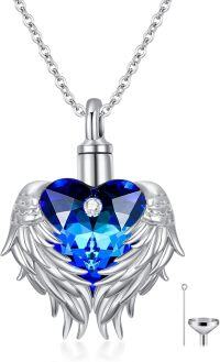wholesale 925 Sterling Silver Heart Angel Wings Urn Keepsake Jewelry for Ashes - Blue Crystal Butterfly Charm Memorial Necklace-Urn-Wing crystal