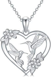 wholesale 925 Sterling Silver Heart-Shaped Hummingbird Pendant with Cubic Zirconias and Flowers Necklaces for Women-Silver