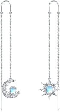 wholesale 925 Sterling Silver Sun & Moon Rainbow Moonstone Threader Dangle Earrings-B3-Silver+sun and moon