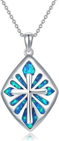 wholesale 925 Sterling Silver Blue Opal Cross Pendant Necklace for Women and Men-Blue Opal Cross Necklace