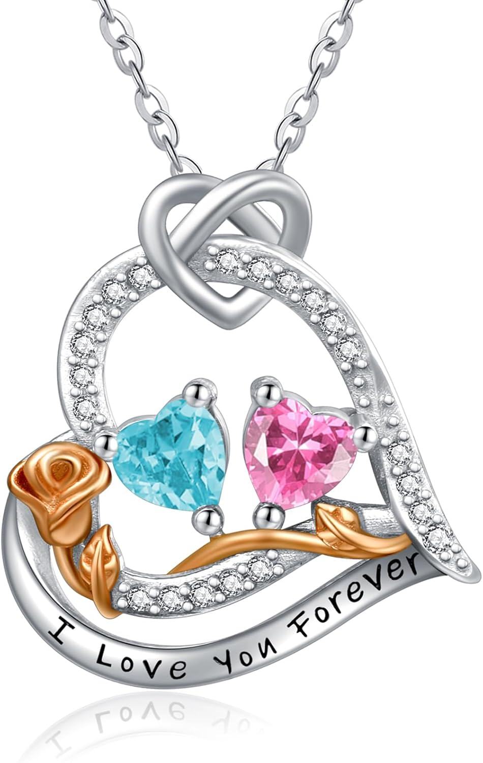  Sterling Silver 2 Birthstones Rose Heart Necklace for Women -03-10-Mar-Oct