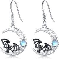 wholesale 925 Sterling Silver Crescent Moon with Cat and Stone Drop Earrings for Women - Halloween  Ideas-Bat Earrings