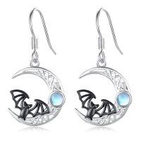 wholesale 925 Sterling Silver Crescent Moon with Cat and Stone Drop Earrings for Women - Halloween  Ideas-Bat Earrings
