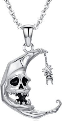 wholesale 925 Sterling Silver Gothic Crescent Moon Skull Bat Skeleton Pendant Necklace-4