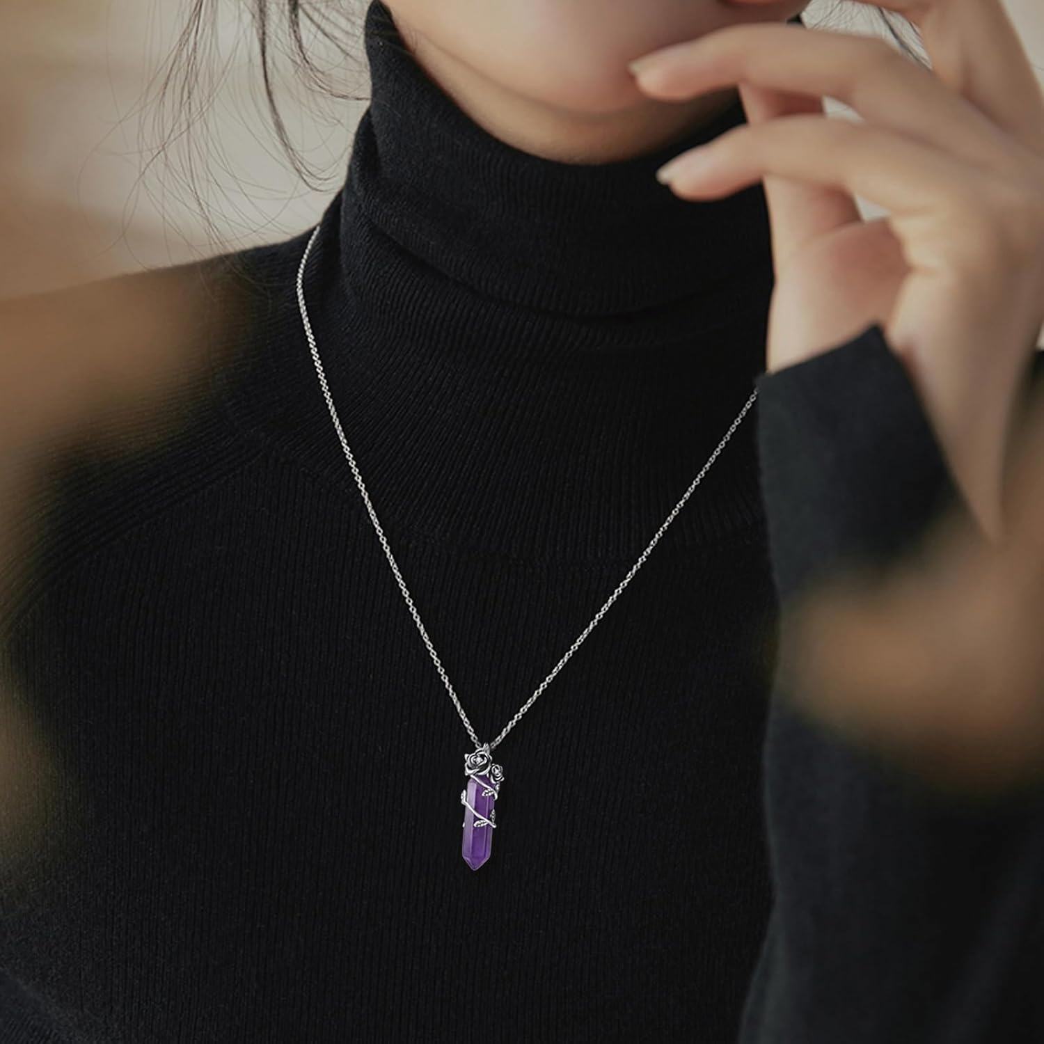 Sterling Silver Amethyst Crystal Necklace Rose Pendant Jewelry Gift-0-3