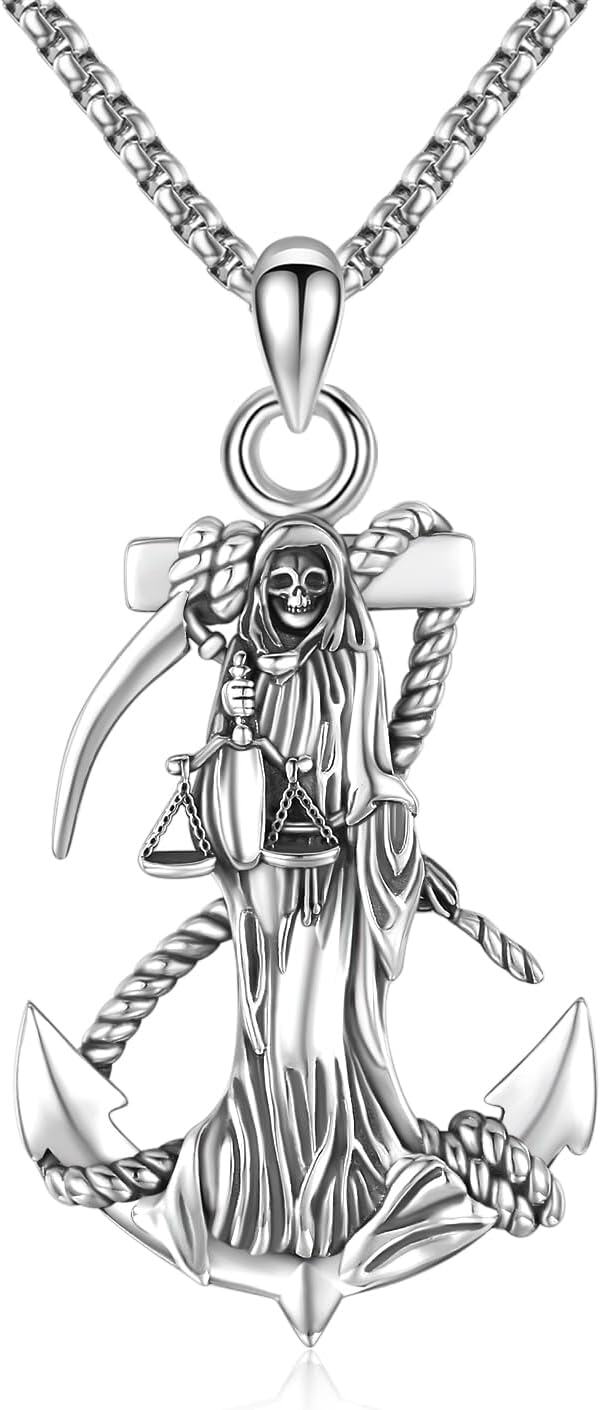 wholesale 925 Sterling Silver Grim Reaper on Anchor Pendant Chain Necklaces for Men & Women-0-0