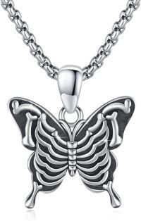 wholesale 925 Sterling Silver Ribcage Pendant Necklace Gothic Charm s for Her-Butterfly Necklace(Black 1)