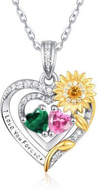 wholesale Sterling Silver 2 Birthstones Sunflower Heart Necklace for Women-05-10-May-Oct