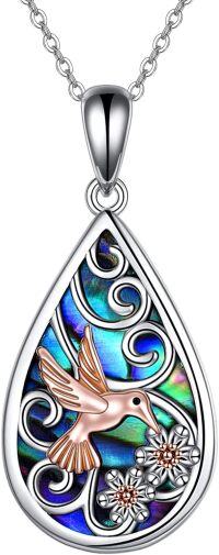 wholesale Sterling Silver Abalone Lotus Sunflower Hummingbird Teardrop Necklace-Hummingbird Abalone Necklace