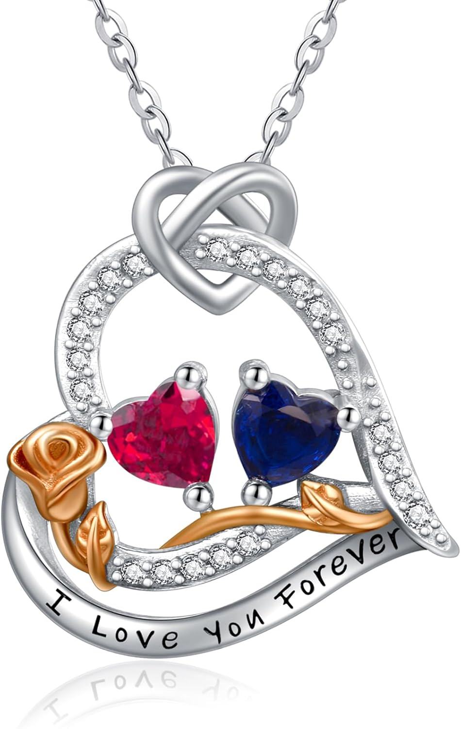 Sterling Silver 2 Birthstones Rose Heart Necklace for Women -07-09-Jul-Sept