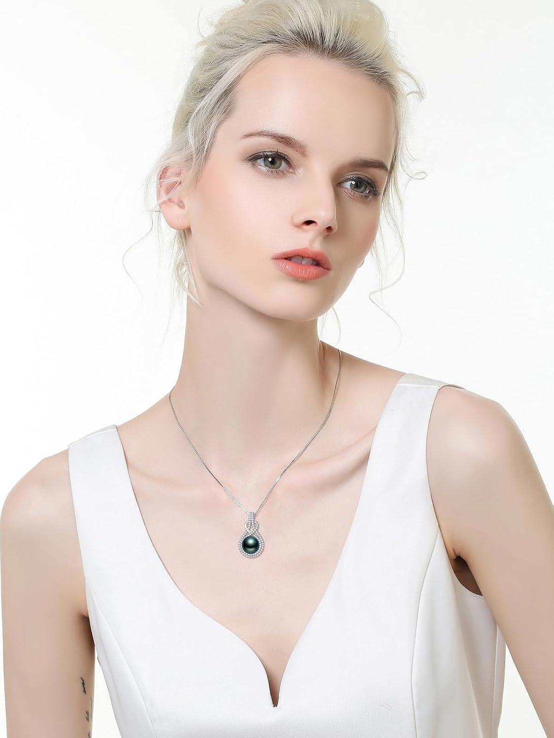 wholesale 925 Sterling Silver & White Gold-Plated Teardrop Black Pearl Pendant Necklace for Women-0-2