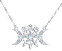 wholesale 925 Sterling Silver Gothic Pentagram Moon Phase Pendant Necklace with Opal Stone - Halloween Witchcraft Wiccan  for Her Him-Trident Triple Moon