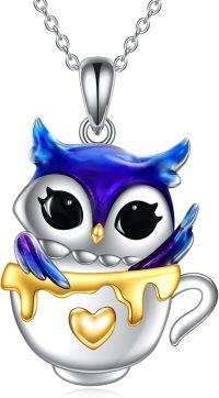 wholesale 925 Sterling Silver Blue Enamel Owl Honeycomb Teacup Charm Pendant Necklace with Heart Cutout and Gold Plated Handle (18+2 Extender)-Owl necklace