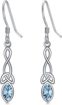 wholesale 925 Sterling Silver Celtic Knot Dangle Earrings with Birthstone Trinity Gift-03-March(Aquamarine)