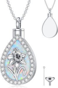 wholesale Sterling Silver Opal Birth Flower Urn Necklace for Ashes 12 Month Memorial Jewelry-03-March-Daffodil+Text