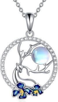 wholesale 925 Sterling Silver Blue Enamel Flower Moonstone Deer Pendant Necklace-Deer