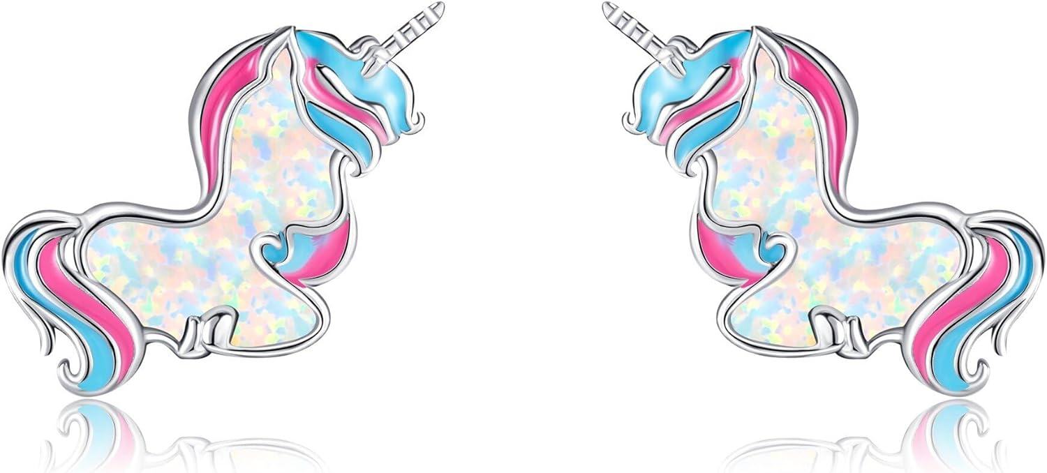 Sterling Silver Animal Earrings Horse Bee Llama Owl Jellyfish Parrot Bunny Duck Penguin Flamingo Paw Print Panda Dolphin Hummingbird for Mom-Opal Unicorn-Opal Unicorn