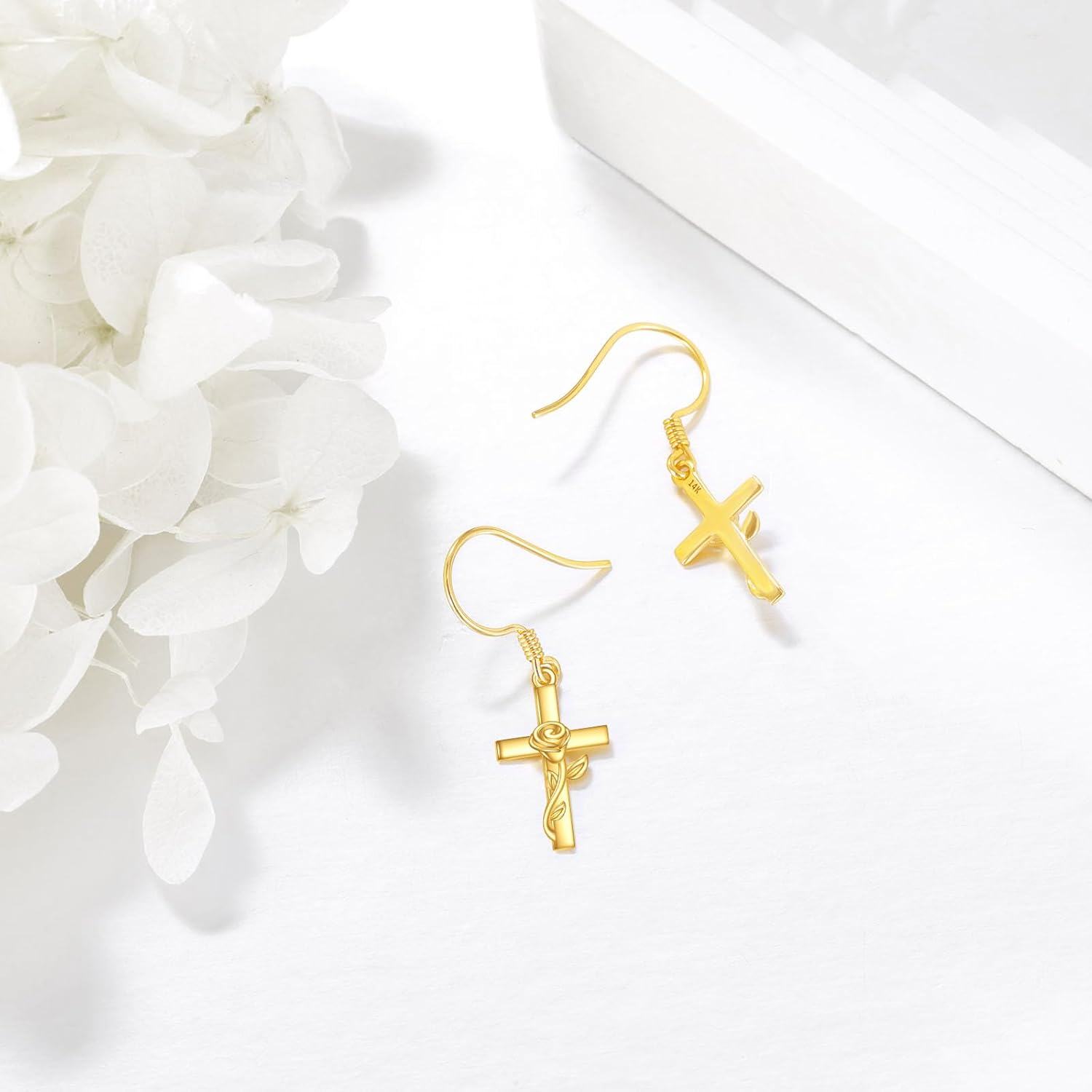 wholesale 14K Gold Diamond Rose Cross Dangle Earrings for Women Christian s-0-2