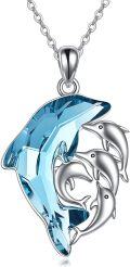 wholesale 925 Sterling Silver Blue Crystal Mother & Child Dolphins Pendant Necklaces Gift for Women Girls-0-0