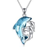 wholesale 925 Sterling Silver Blue Crystal Mother & Child Dolphins Pendant Necklaces Gift for Women Girls-Dolphin Mom and 4 Sons or Daughters
