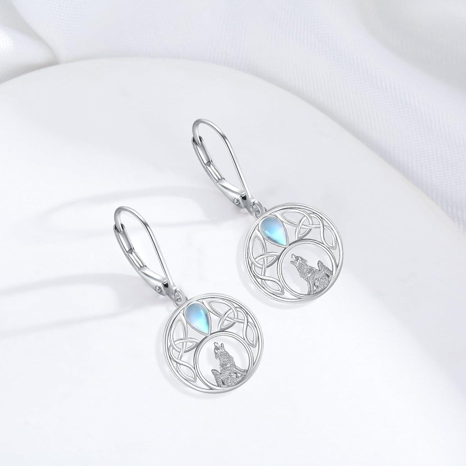 wholesale 925 Sterling Silver Moonstone Celtic Wolf Drop Earrings-0-1