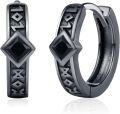 wholesale 925 Sterling Silver 15mm Norse Rune Black Cubic Zirconia Cutout Huggie Hoop Earrings for Men & Women-0-0