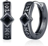 wholesale 925 Sterling Silver 15mm Norse Rune Black Cubic Zirconia Cutout Huggie Hoop Earrings for Men & Women-A-Viking Black
