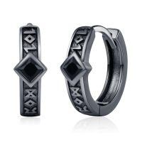 wholesale 925 Sterling Silver 15mm Norse Rune Black Cubic Zirconia Cutout Huggie Hoop Earrings for Men & Women-A-Viking Black