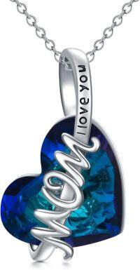 wholesale 925 Sterling Silver Blue Crystal Mom Love You Heart Pendant Necklace-mom crystal necklace
